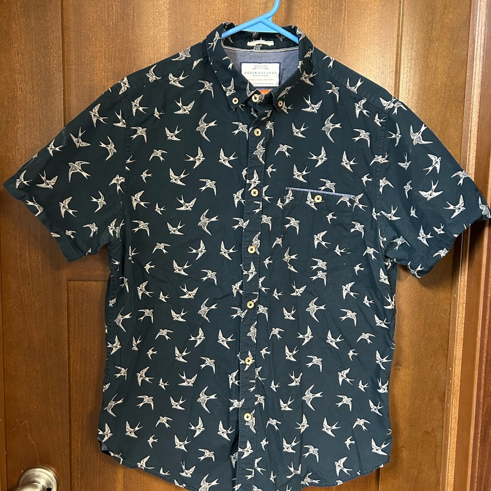 Navy cotton camp shirt with swallow bird print Denim & Flower by Ricky Singh L